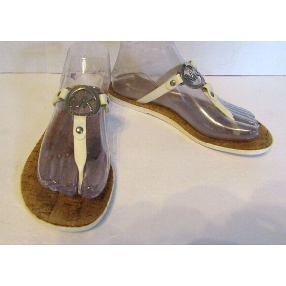 Michael Kors Flip Flops White Jelly Sandals Natural Cork Silver MK Logo Womens 8 - Picture 1 of 7